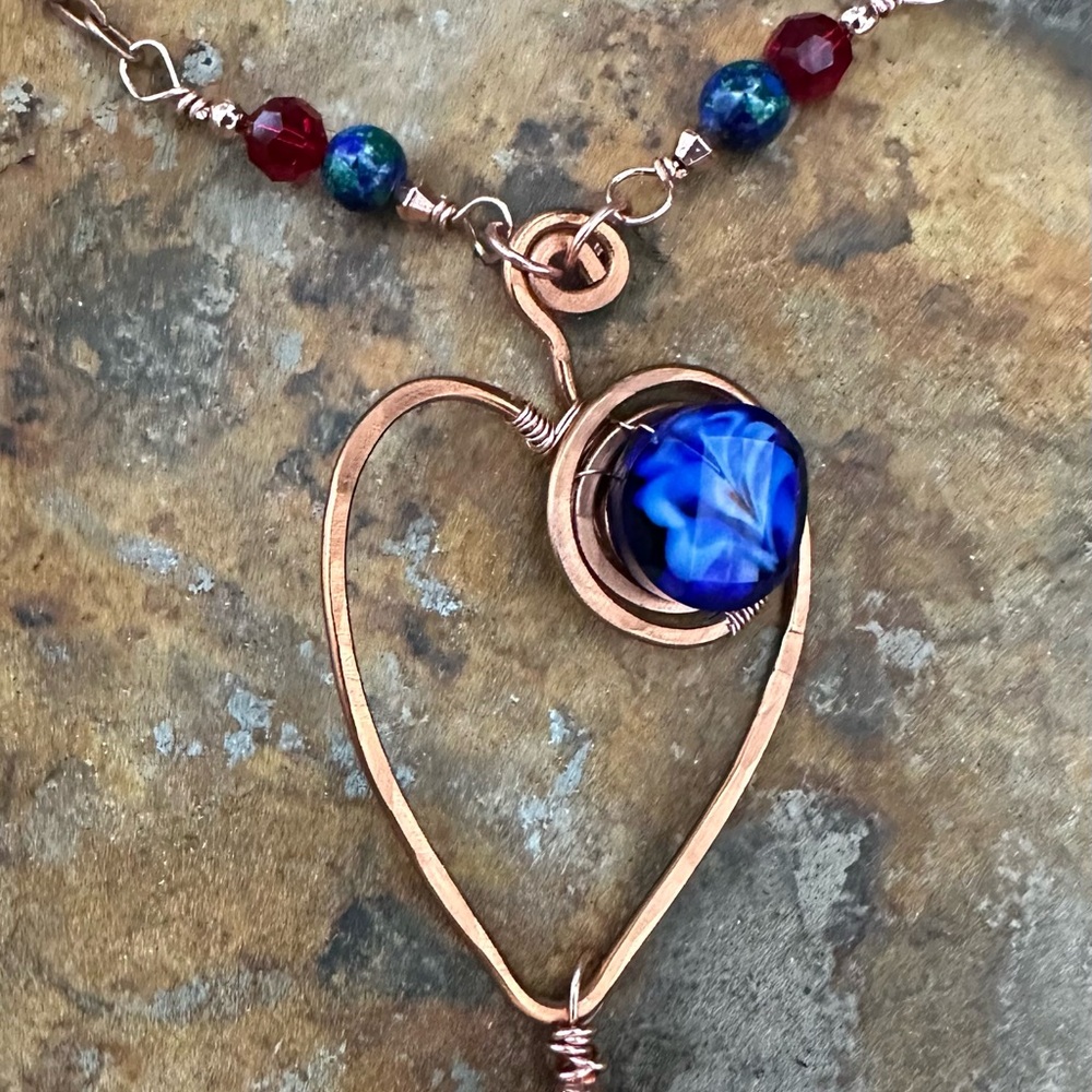Copper Heart Pendant Necklace with Swarovski, art glass and gemstones